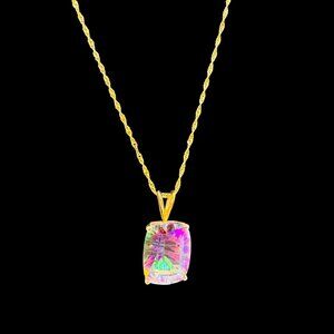 Vtg 14K Gold Mystic Topaz Pendant Necklace With Rope Chain Made In Croatia